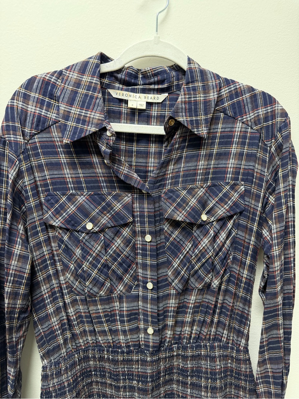 Veronica Beard Navy and White Plaid Long-Sleeve Shirt Dress - Picture 2 of 4